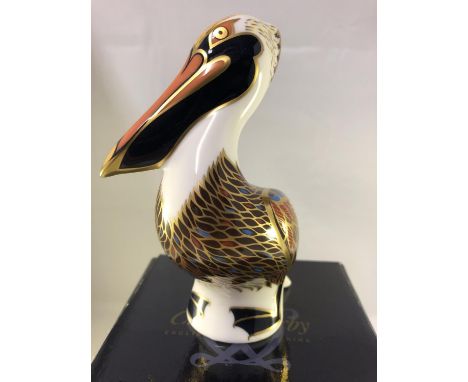 Royal Crown Derby porcelain - A Brown Pelican bird paperweight, hexagonal gold 21 button, dated 1998, original box, 13.5cm ma