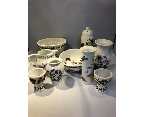 Portmeirion - Botanic Garden pattern, comprising flour dredger; sugar bowl; milk jug; a pair of egg cups; cache-pot; and thre