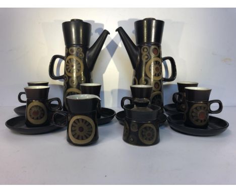 Gill Pemberton for Denby - An Arabesque pattern coffee service, designed 1962, comprising 2 x coffee pot and cover, six tall 
