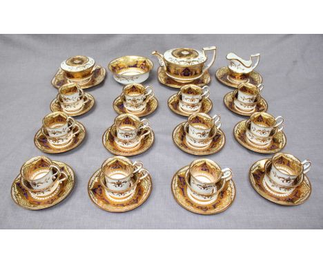 An extremely rare Regency Period Spode Felspar Porcelain Tea and Coffee Set, c1820, of forty-five pieces, comprising twelve-e