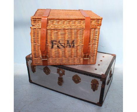 A Fortnum & Mason large wicker picnic hamper, with tan leather straps and brass buckles, 65cm wide,  together with a stainles