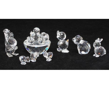Six Swarovski crystal figures, comprising Birds nest, seated Lamp, Duck, Squirrel, Rabbit and three mini chicks, ref no's 747