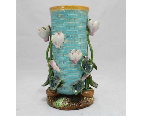 A George Jones Majolica rush-weave vase of cylindrical form modelled with climbing ivy flowers, model number 3408, 20cm high,