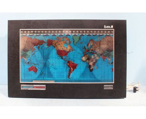 A Geochron 'Original Kilburg' electronic world time indicator with illuminated display, housed in black vinyl case. 58 x 87cm