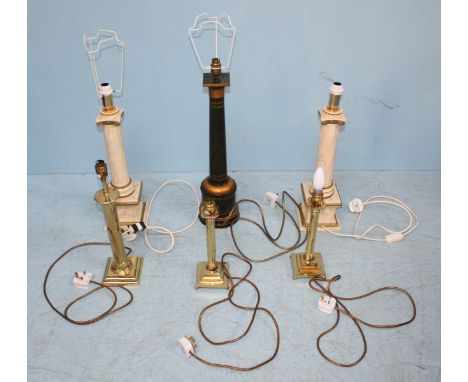 A group of six modern lamp bases, comprising; three brass, two ceramic and marbled effect metal one, all of varying heights, 