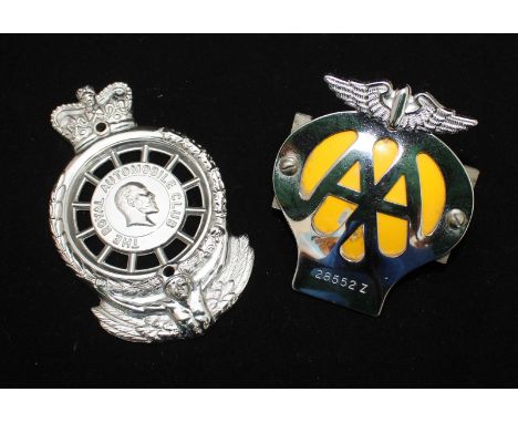 The Royal Automobile club chrome car badge, numbered MCE05370 and made by HB Sale Ltd Birmingham, together with an AA car mot