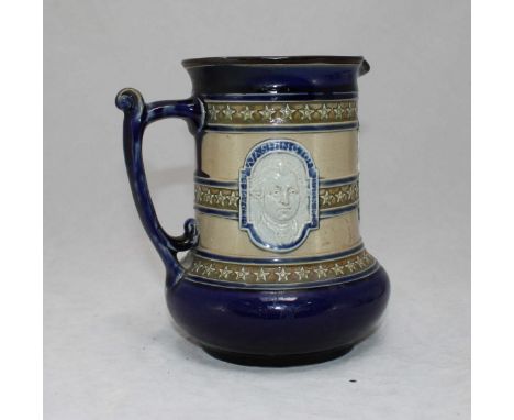 A Doulton Lambeth salt-glaze stoneware jug, relief moulded cameo portrait reserves of Christopher Columbus, George Washington