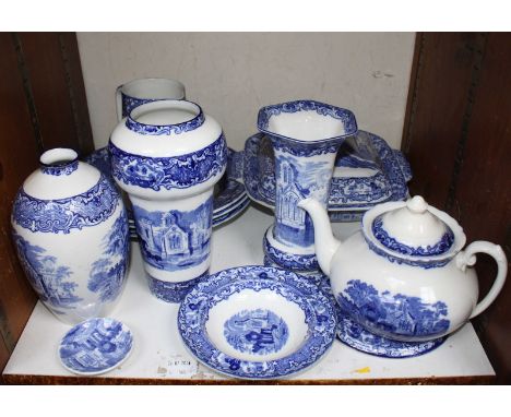 SECTION 31. A selection of Abbey blue and white ceramics, including three large vases, a teapot with base, a lidded tureen an