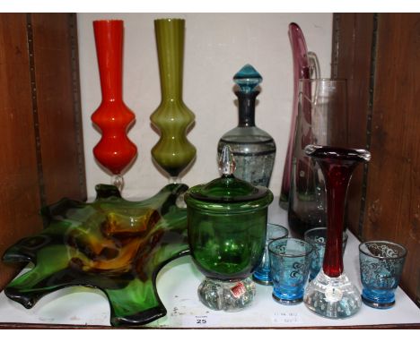 SECTION 25. A selection of various coloured glass items, including a blue glass Liquor set comprising decanter and six small 