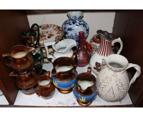 SECTION 20. A Copeland five piece dessert set in the Imari pallet, together with a Delft pottery baluster vase, five copper l