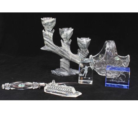 A selection of assorted glass items, including a Royal Doulton Keswick pattern small basket, a glass model cruise liner by 'T