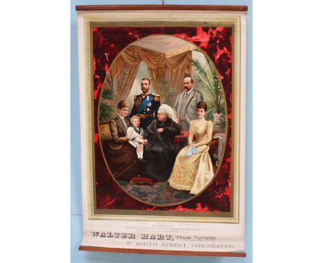 A Victorian advertising poster for 'Walter Hart, house furnisher' of Chichester, with a colour lithograph image of Queen Vict