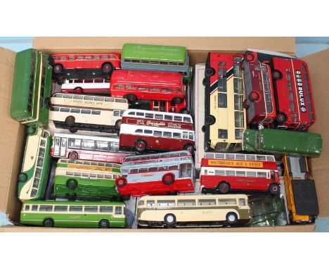 A collection of assorted die cast model buses and coaches, including Corgi and Exclusive First Editions, most unboxed but wit