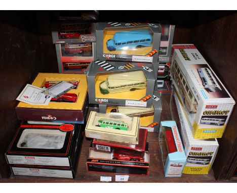 A selection of various die cast model buses and coaches, including Corgi, Exclusive First Editions, Matchbox and Lledo, all i