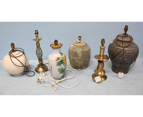 A group of six modern lamp bases, including one Chinese cloisonne enamel, two made of brass and three ceramic bases of bulbou