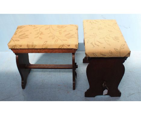 A pair of WW2 oak joint stools, with beige fabric, floral upholstered seats.