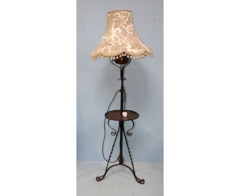 A 19th century Arts & Crafts telescoping wrought iron and copper standard oil lamp, converted to electricity