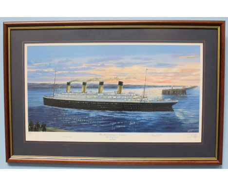 Titanic arriving at Cherbourg' framed limited edition print by Simon Fisher, countersigned by survivors Millivina Dean and Ev