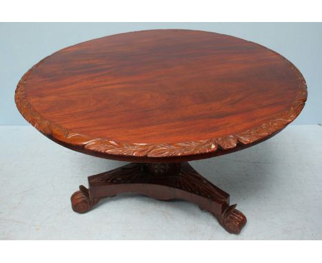 A Victorian circular tilt-top supper table, the top with leaf moulded edges and raised on an octagonal support to carved trip