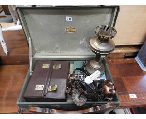 Old Suitcase and Contents - Brass Lamp, Light, Cassette Tapes and Map etc 