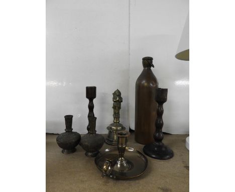 Brass Flask, Treen Candlesticks, Candle Holder etc 