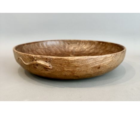 Mouseman and the Yorkshire Critters: a mid-oak bowl by Martin 'Lizardman' Dutton (1921-2009) - the shallow circular bowl with
