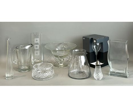 Contemporary glass including vases, bowls etc - comprising four vases, the largest 30cm high; a large pedestal fruit bowl, 30