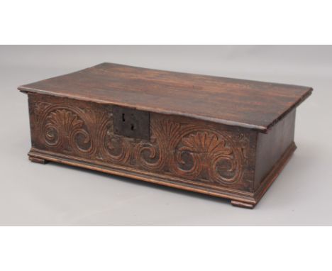 A Bible box - 17th century, the front with later iron double lock and carved geometric scrolling acanthus, raised on sledge f