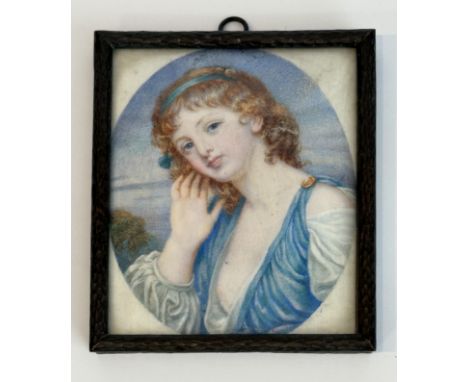 An Italian School miniature on ivory, second half 19th century - watercolour, depicting a girl in a coastal landscape, within