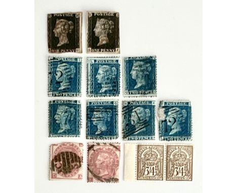 A double sided stock sheet of GB British Queen Victoria stamps - including two penny blacks (one with three margins, lettered
