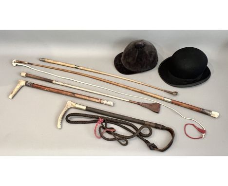A small collection of vintage riding / equestrian equipment - including two horse whips, one with a stag antler handle, the o
