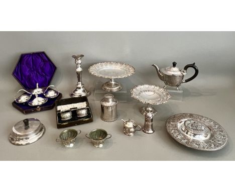 A collection of silver plated ware - including a Victorian silver plate on copper neo-classical inkwell, 19.5cm diameter; a c