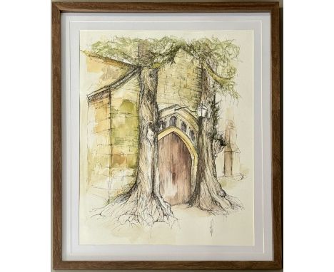 Jasmine Jennings (British contemporary) St Edward's Church, Stow-on-the-Wold Watercolour and ink on paper, initialled 'JJ'. N