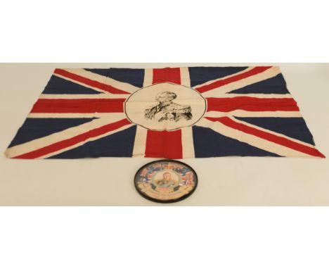 A 1937 Coronation souvenir flag and plaque - the flag with still vibrant colours, 33 x 23 in. (84 x&nbsp; 58 cm); the 6-inch 