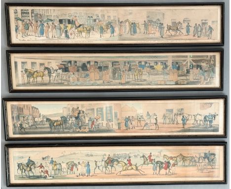 After Henry Thomas Alken - four mixed method panoramic engravings with hand colouring, from a larger set, depicting coaching 