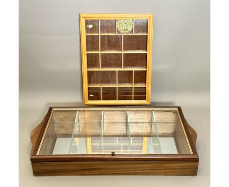 A mahogany hanging mirror-back display cabinet - with four removable glass shelves (LWH 34 x 9 x 67cm); together with a small