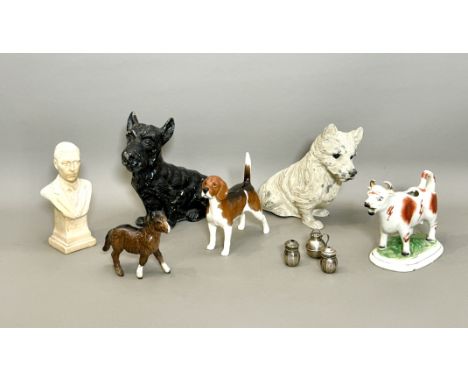 Five antique and vintage pottery and cast metal figures of animals and dogs - comprising a Beswick Ch. Wendover Billy; a Besw