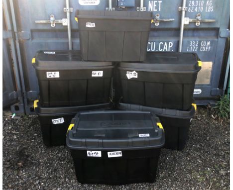 Five large Addis 110L black plastic storage crates with lids - on yellow plastic roller wheels, size at rim 76 x 49cm, 39cm h