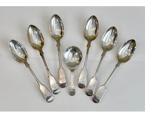 A set of six Victorian silver fiddle pattern tea spoons - Josiah Williams &amp; Co, Exeter 1866, engraved monogram to termina
