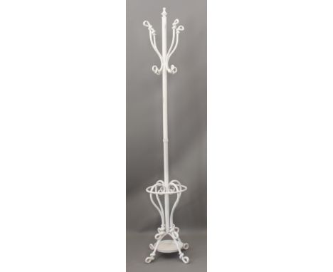 A hat, coat and umbrella stand - white painted steel with four hat and four coat hooks, 181cm high.