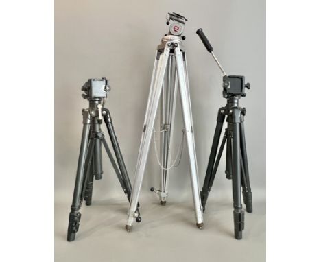 Three vintage camera / cine camera tripods - comprising a Bolex Paillard aluminium tripod, 91.5cm long when closed; and two V