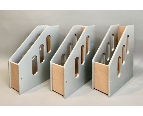 A set of three silver and beech effect filing or magazine racks - LWH 9.8 x 27.8 x 31.5cm.