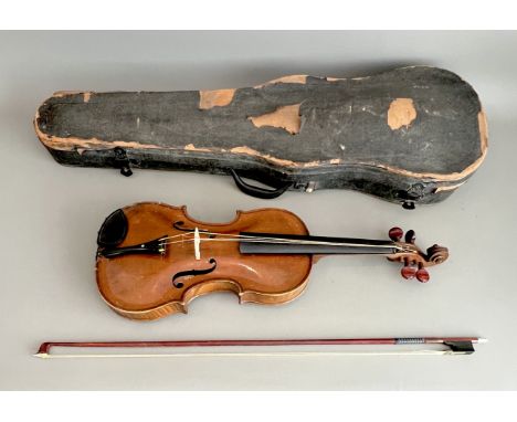 An antique violin by Thompson's of London - probably 19th century, stamped maker's mark to top of the single piece 14in back,