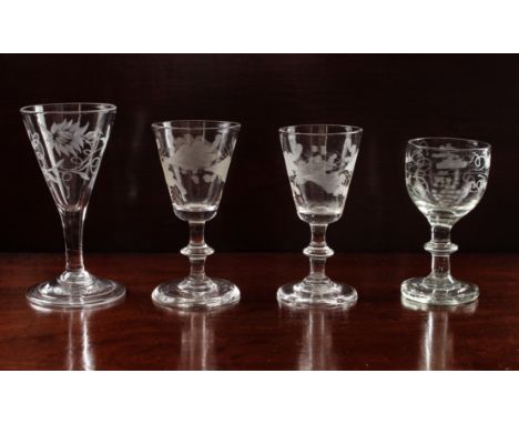 Four small 18th and 19th century wine glasses with engraved and etched decoration - including an 18th century wine glass with