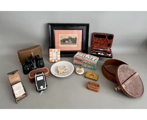 A box of collectables - including a modern cased wine lover's corkscrew set; a faux-crocodile leather collars box; two vintag