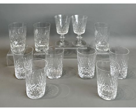 A set of six cut glass whisky tumblers - mid-20th century, with diamond cut decoration, 9.9cm high; together with a pair of m