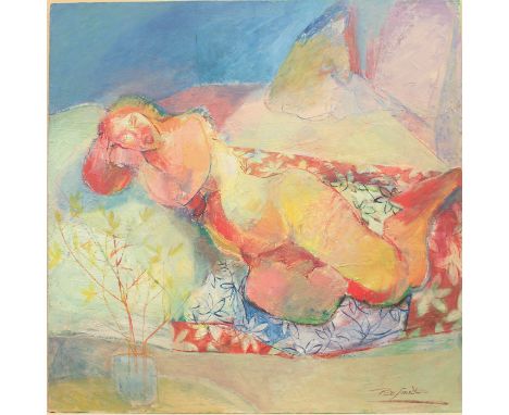 Rita Smith (British, 21 Artists Group, 20th / 21st century) Reclining female nude in oranges and greens oil on board, signed 
