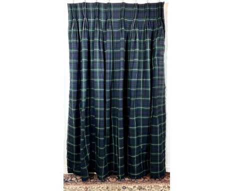 A single navy, green and white wool tartan curtain, handmade triple pleat heading, interlined and lined, heavy wear to leadin