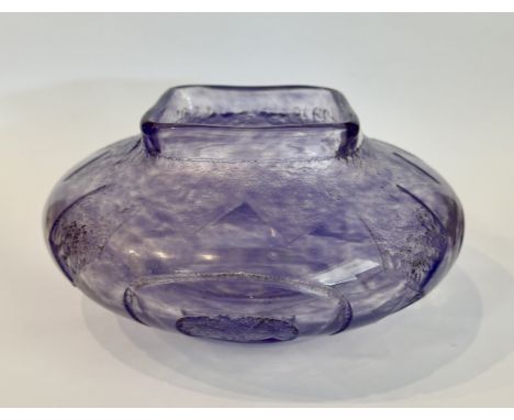 A French Art Deco style lavender coloured glass vase by Degue - signed 'Degue' to lower bowl and 'Made in France' to base, of