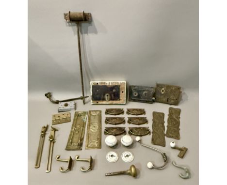 A box of antique and vintage door and window furniture and fittings - including a large wooden cased box lock; a wrought iron